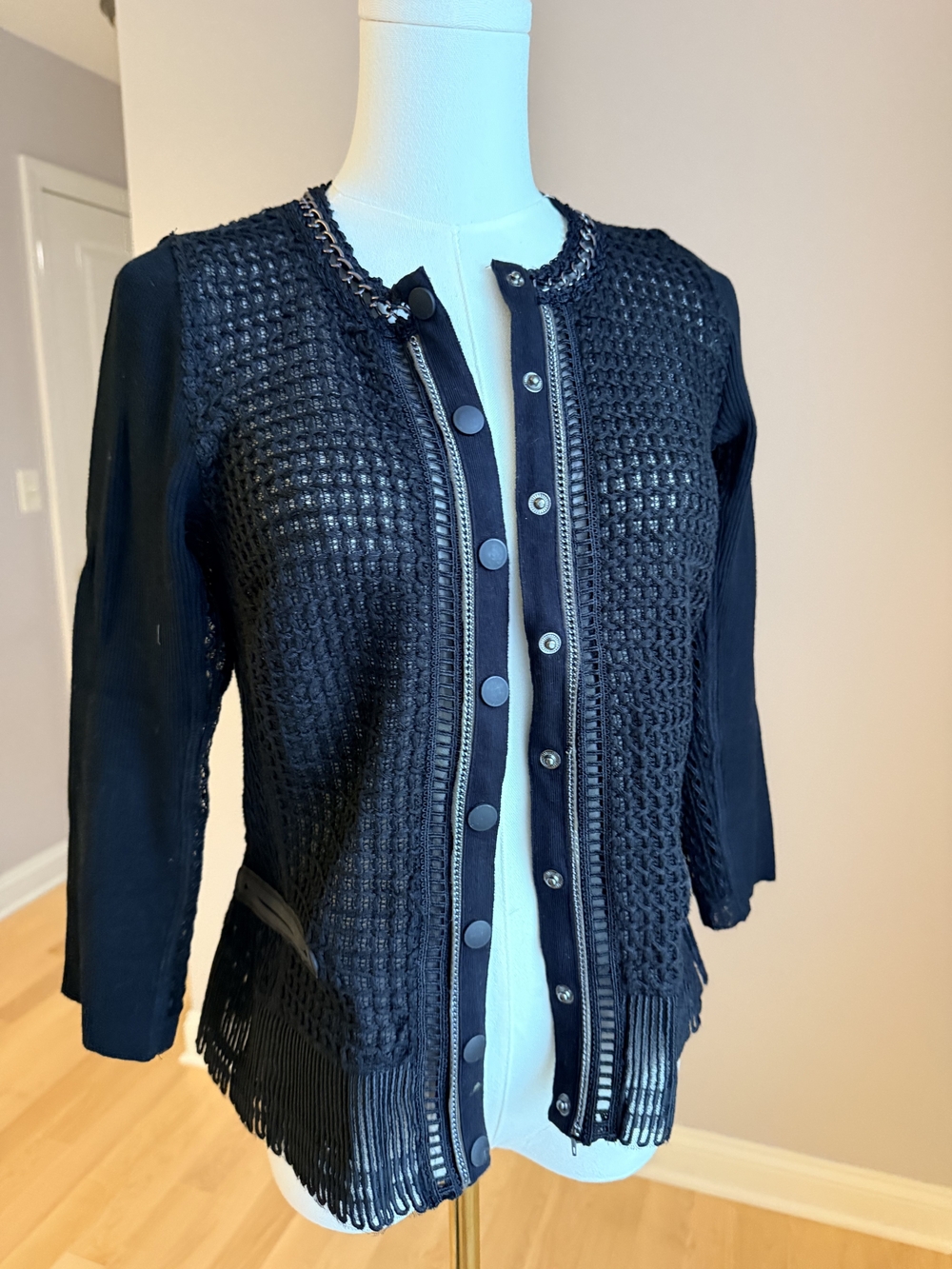Derek Lam Black Textured Fringe Knit Cardigan Blazer
